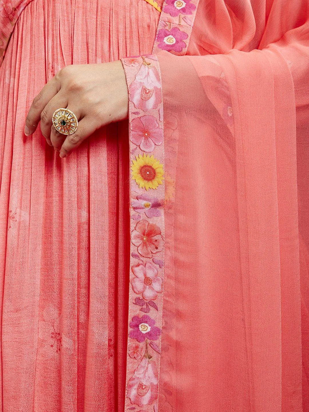 Libas Art Coral Printed Silk Chiffon Anarkali Kurta With Trousers & Dupatta - Libas 