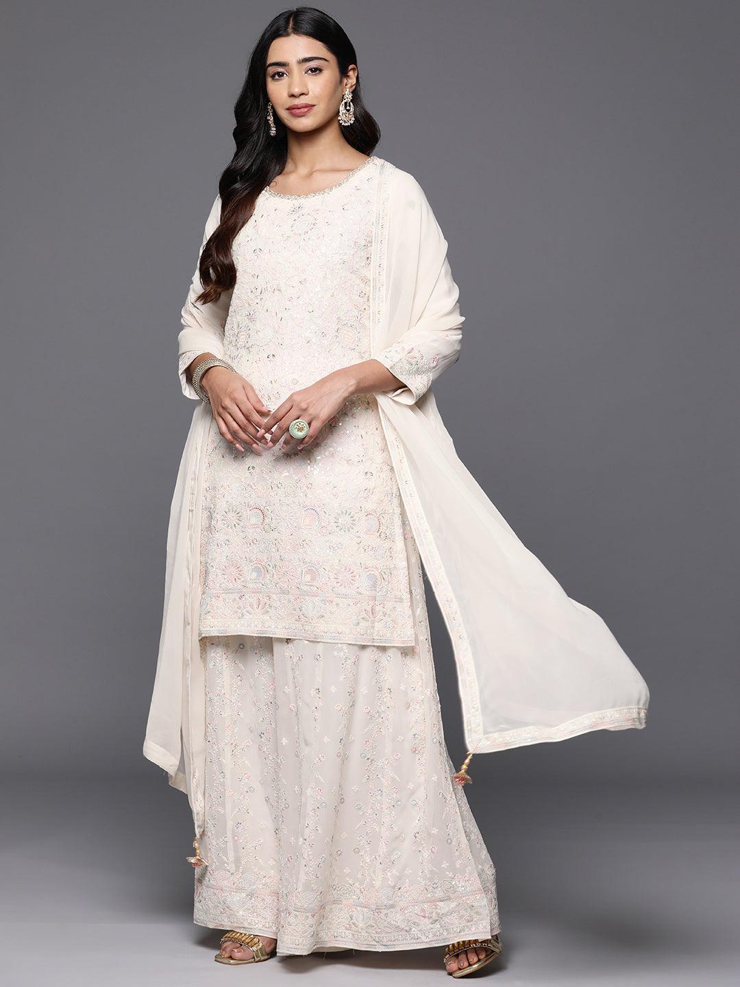 Libas Art Cream Embroidered Georgette Straight Suit With Dupatta