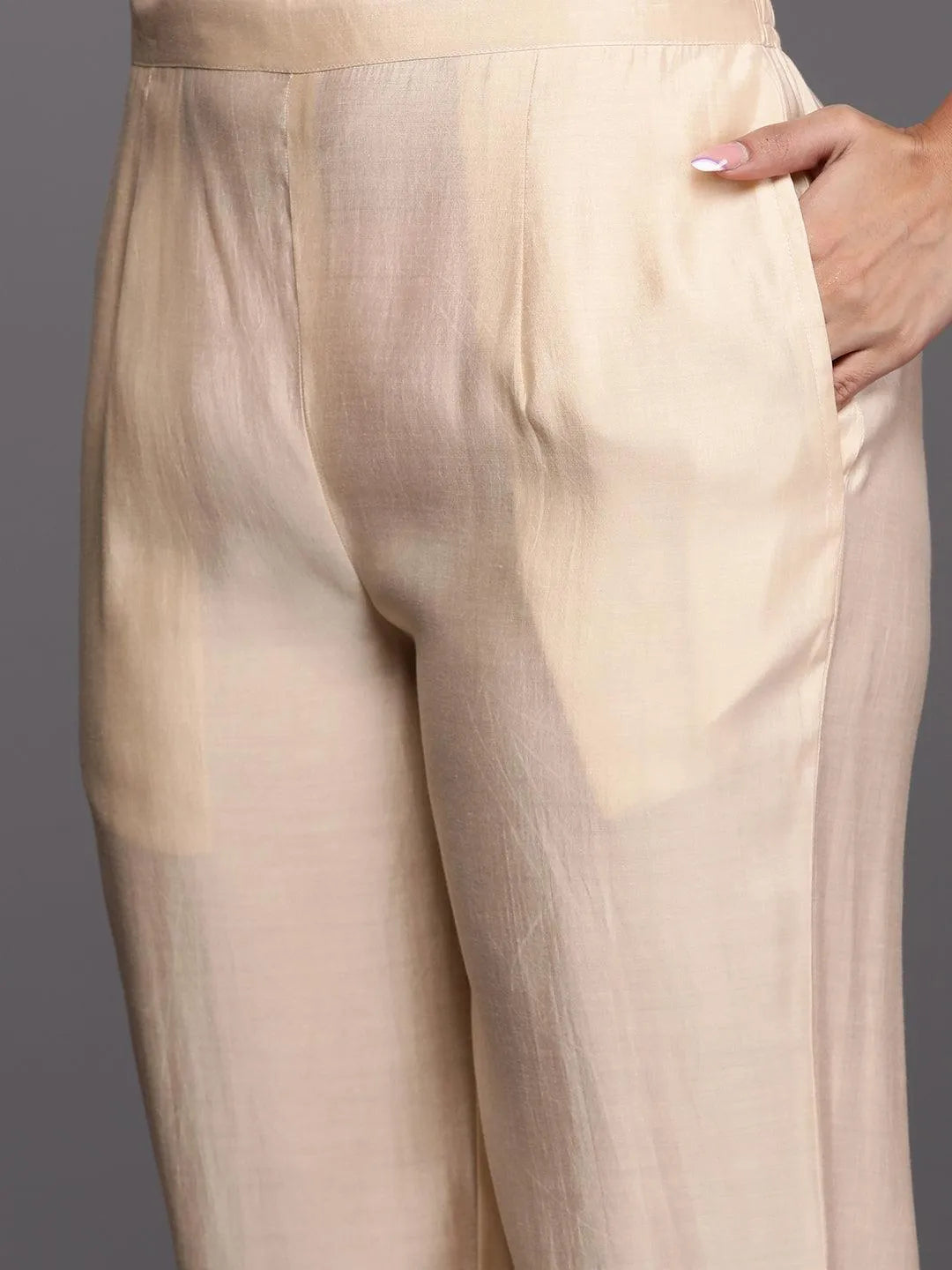 Libas Art Cream Embroidered Silk Blend A-Line Kurta With Trousers & Dupatta - Libas 