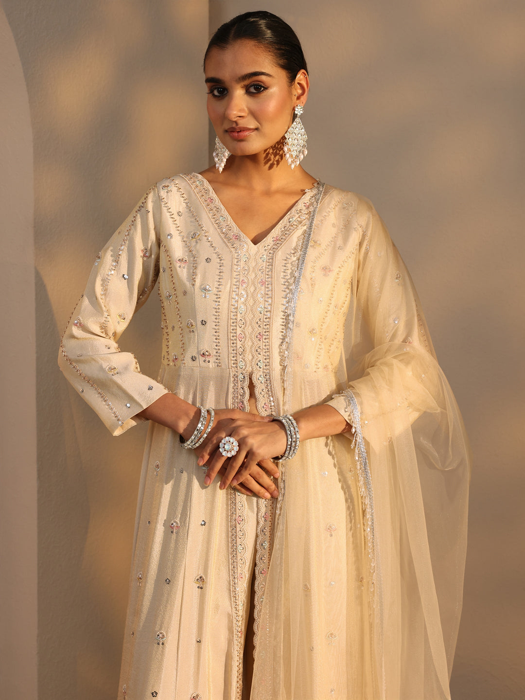 Libas Art Cream Embroidered Silk Blend A-Line Suits Set With Dupatta