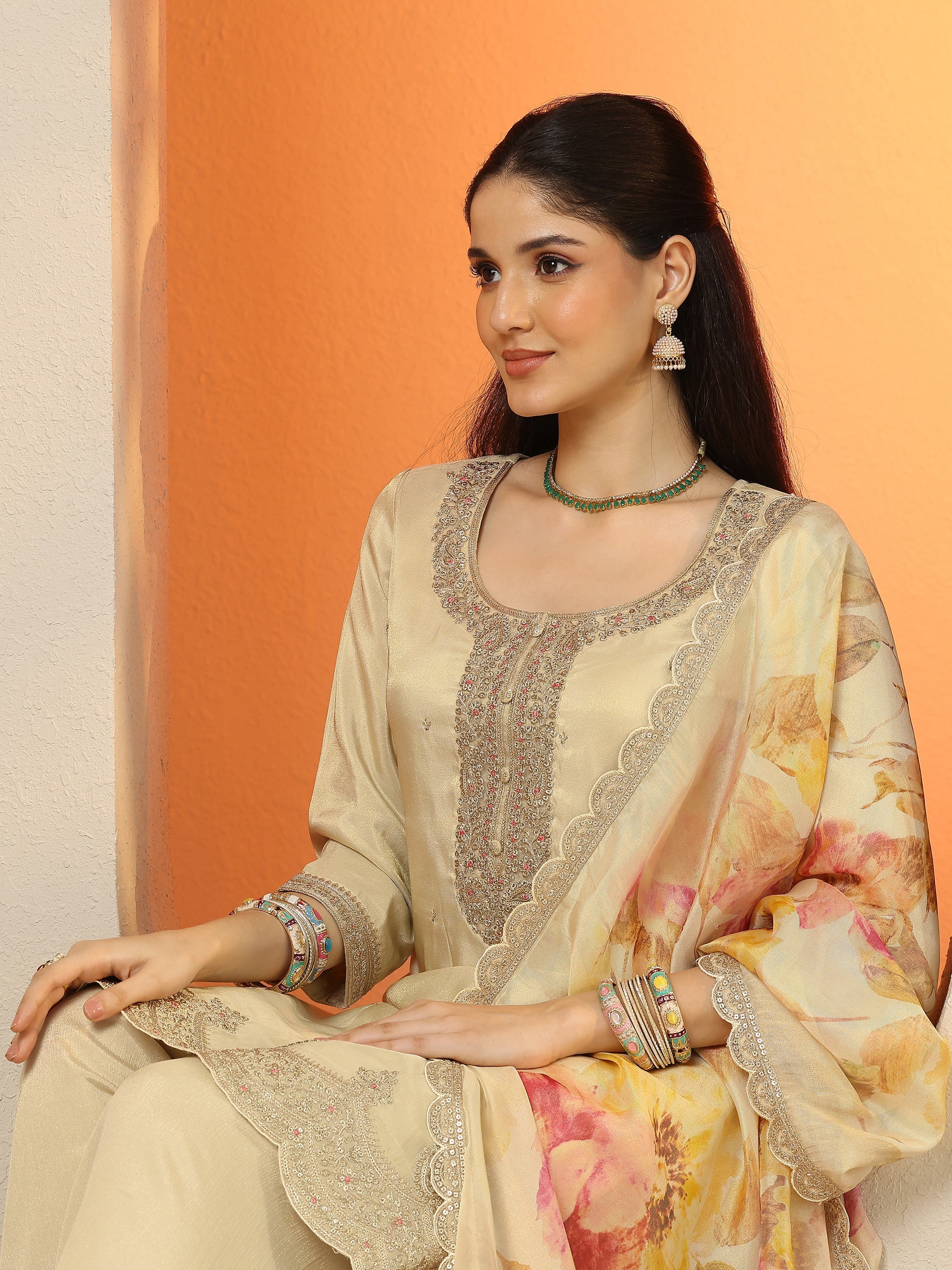 Libas Art Cream Embroidered Silk Blend Straight Suit Set With Dupatta-image-13