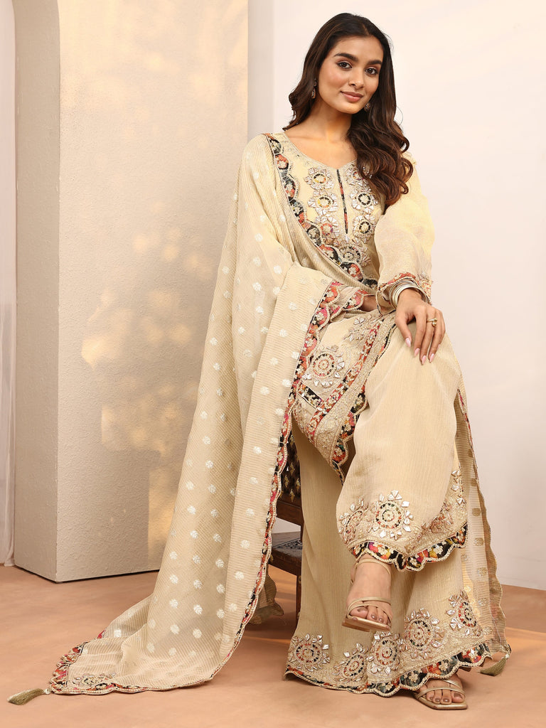 Libas Art Cream Embroidered Silk Blend Straight Suit Set With Dupatta