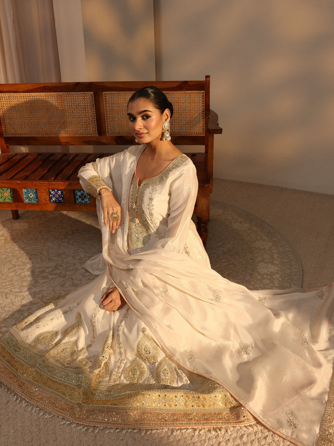 Libas Art Cream Ethnic Embroidered Chinon A-Line Suits Set With Dupatta