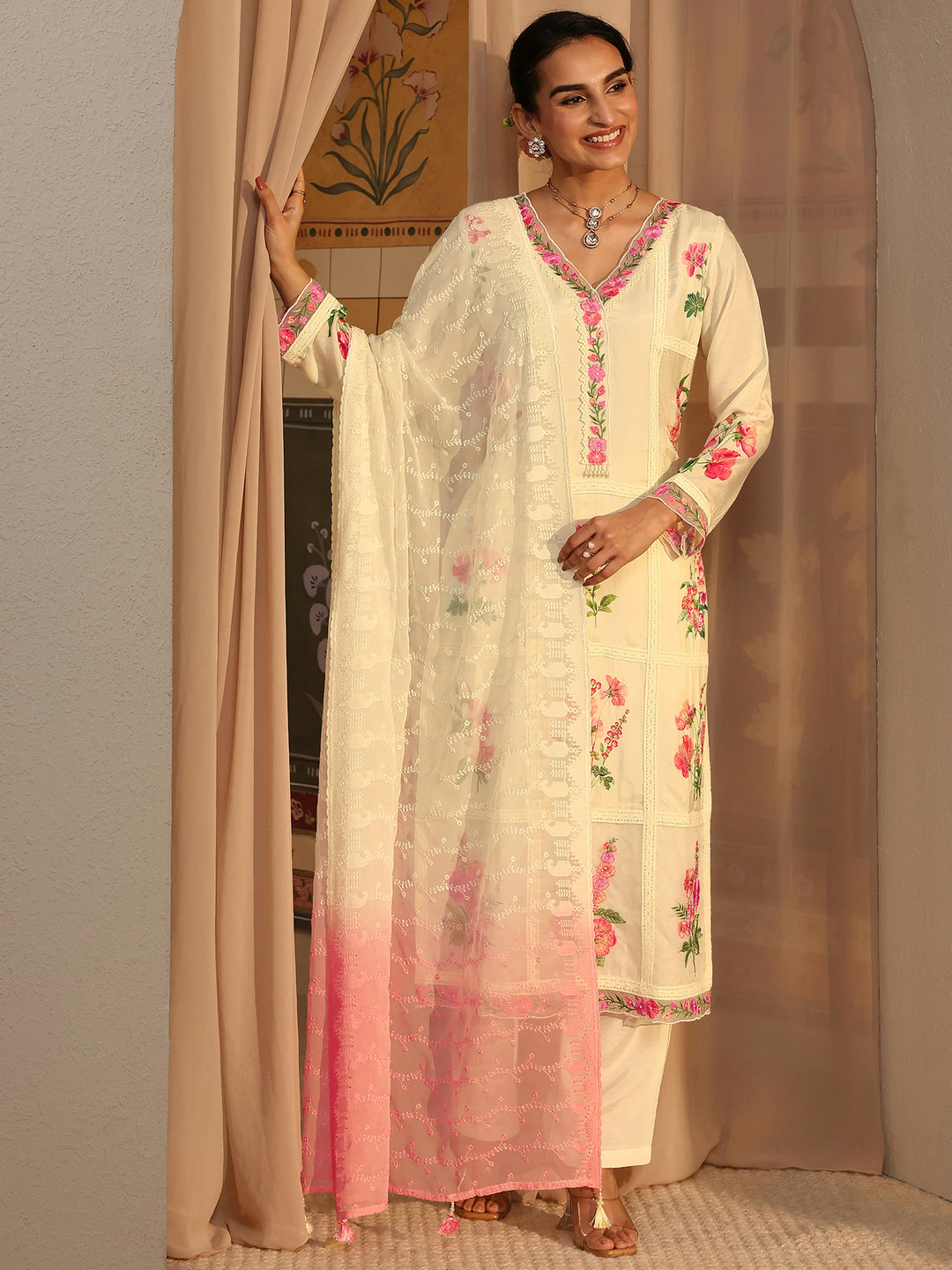 Libas Art Cream Floral Printed Silk Blend Straight Suit Set With Dupatta