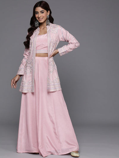 Libas Art Dusky Pink Embroidered Silk Blend Top With Palazzos & Jacket - Libas