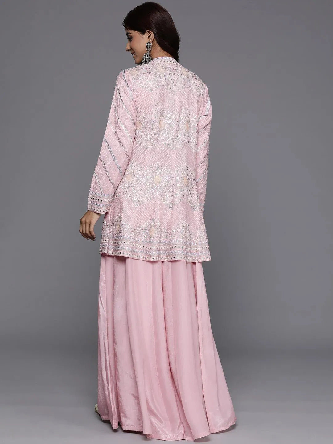 Libas Art Dusky Pink Embroidered Silk Blend Top With Palazzos & Jacket - Libas