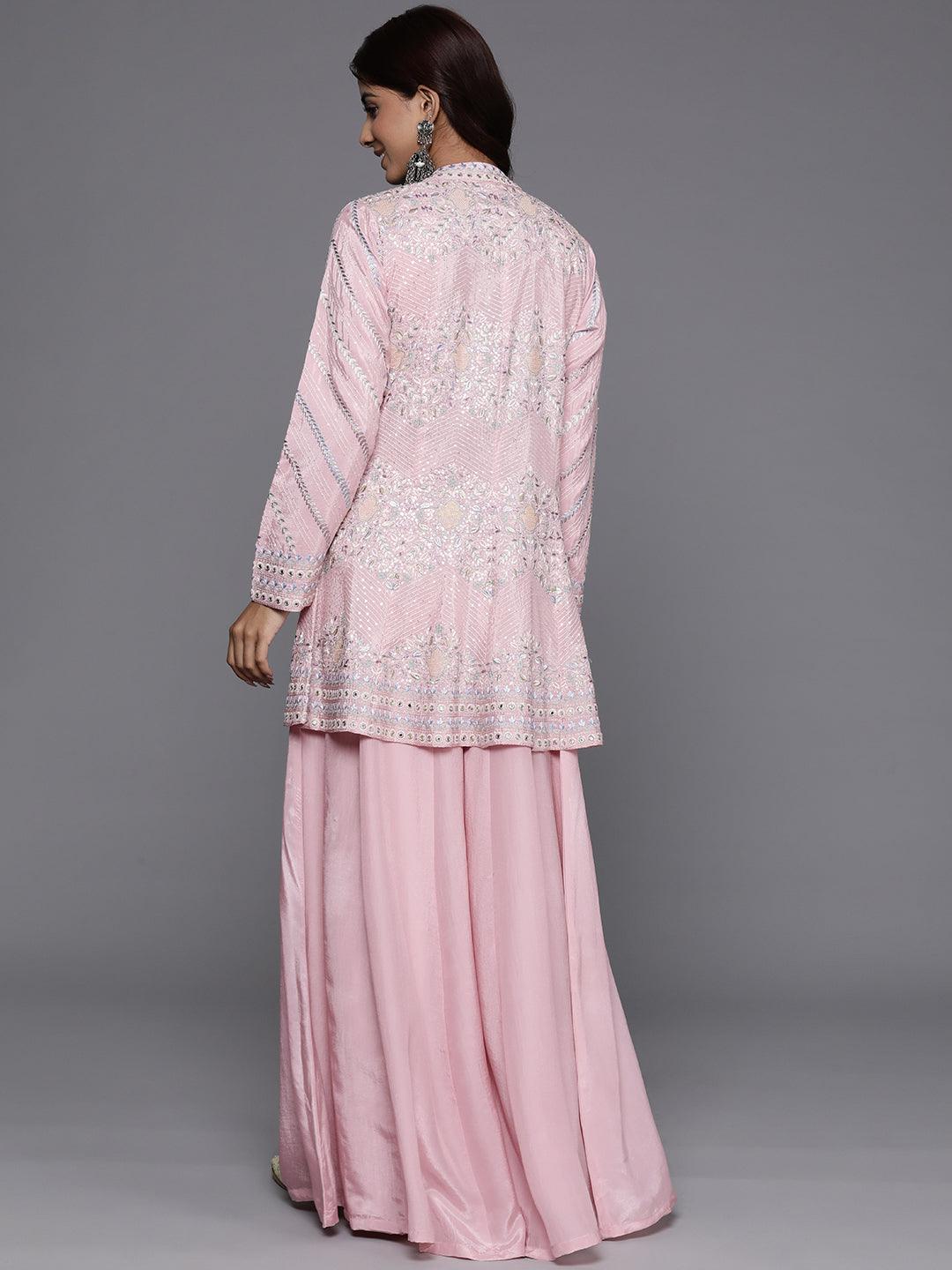 Libas Art Dusky Pink Embroidered Silk Blend Top With Palazzos & Jacket - Libas