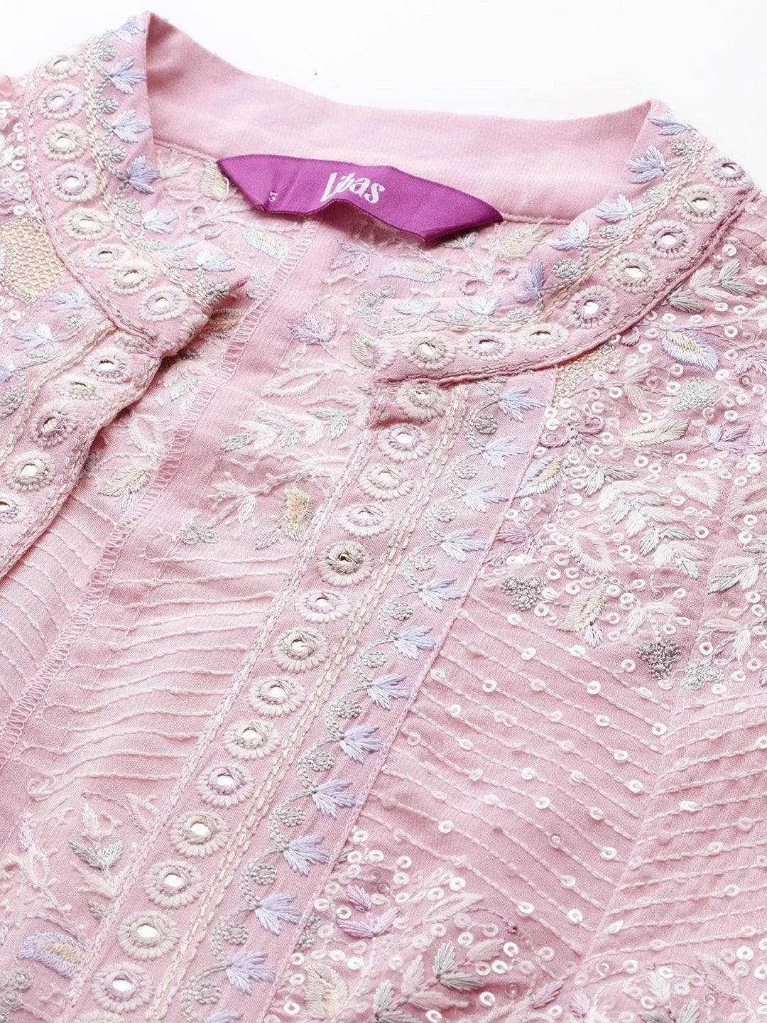 Libas Art Dusky Pink Embroidered Silk Blend Top With Palazzos & Jacket - Libas 