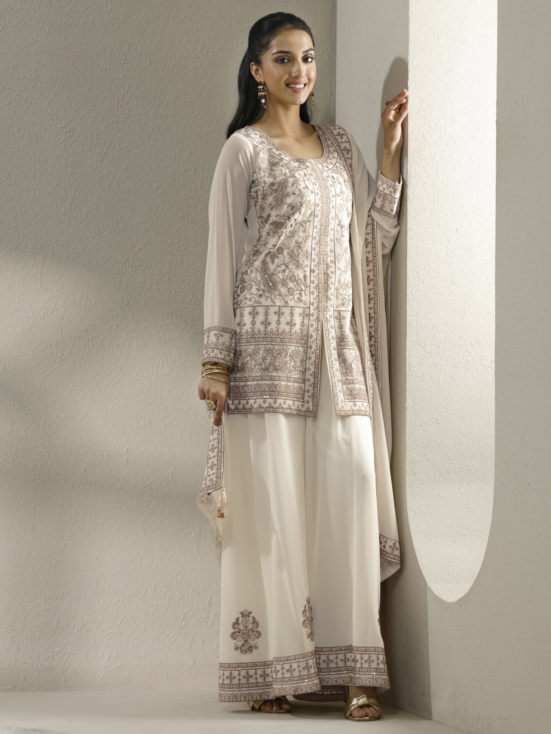 Beige Printed Silk Blend A-Line Kurti