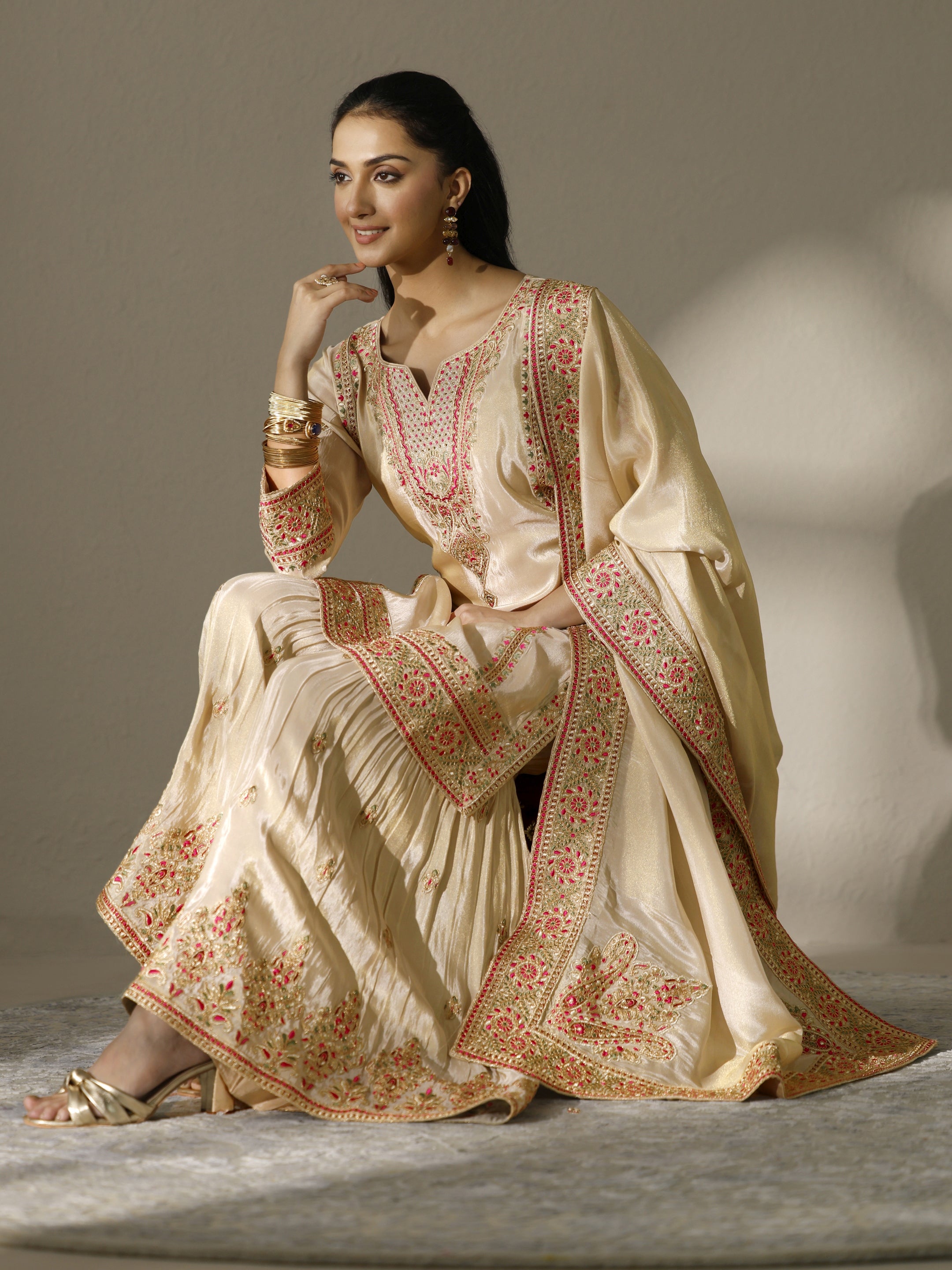 Libas Art Cream Embroidered Silk Blend Straight Suit Set With Dupatta — splurge pick
