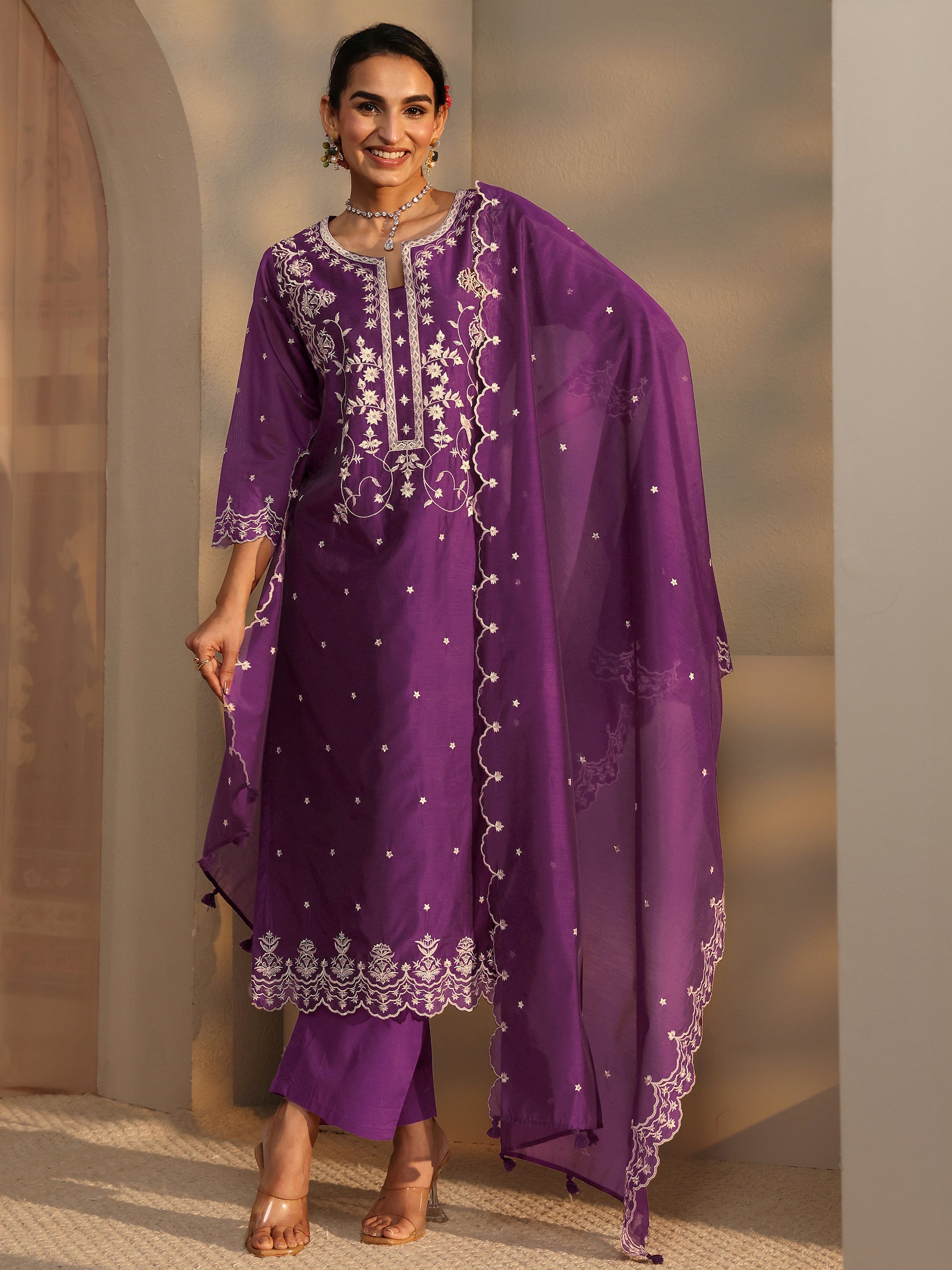 Libas Art Floral Embroidered Silk Blend Straight Suit Set With Dupatta-picture-44