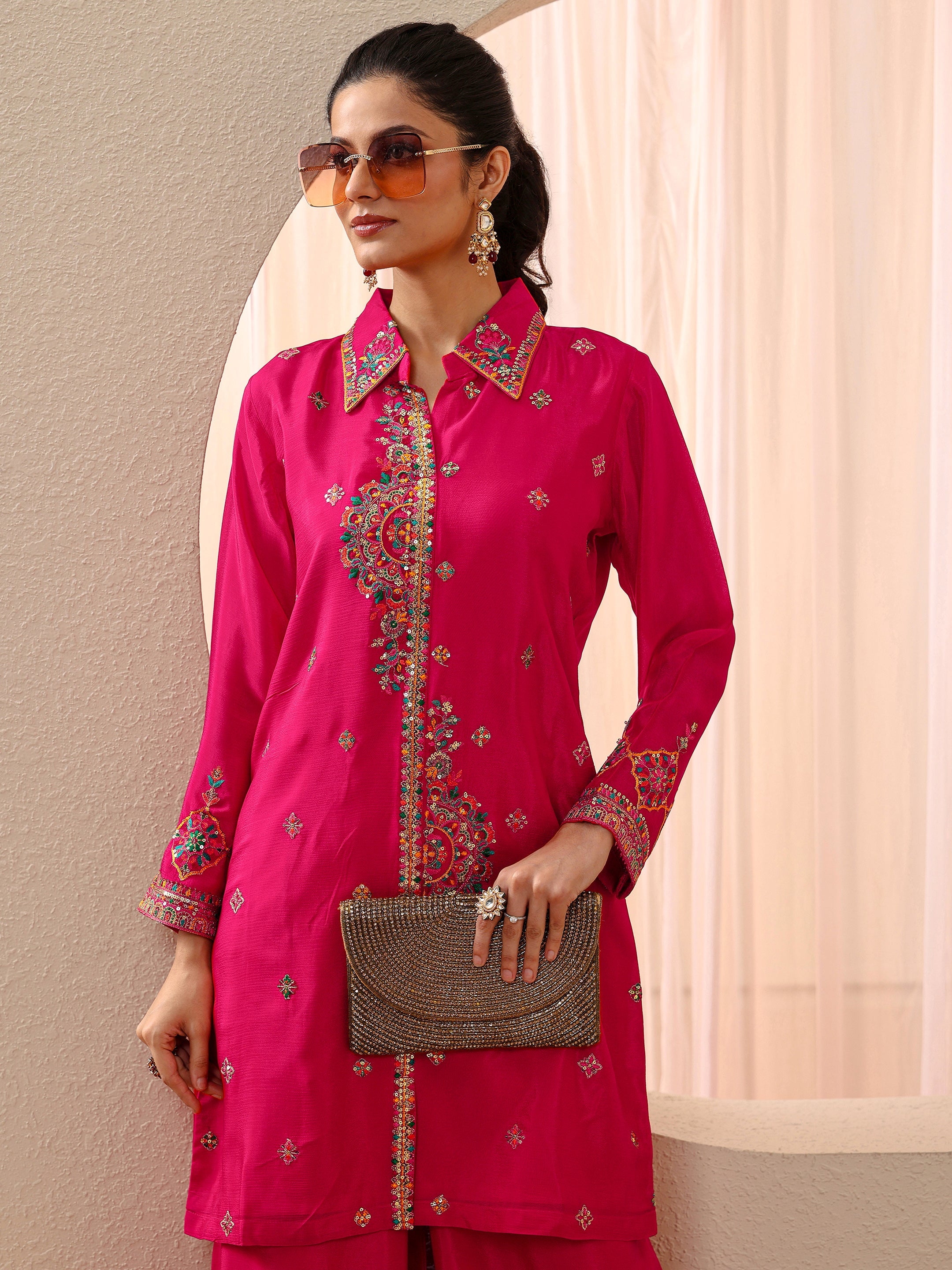 Libas Art Fuchsia Pink Embroidered Chinon Co-Ord Set-picture-33