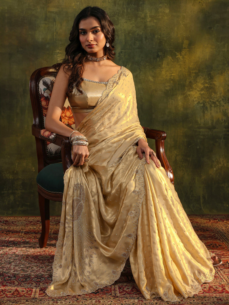 Libas Art Gold Embellished Silk Blend Saree With Unstitched Blouse Piece