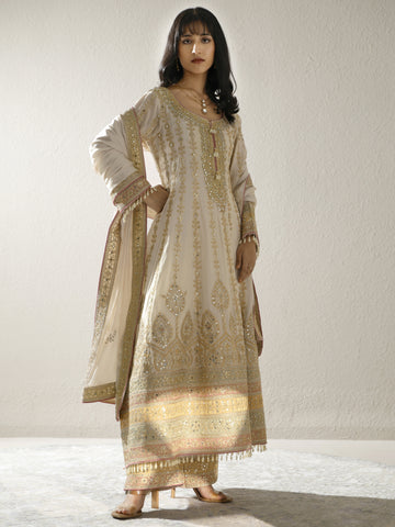 Libas Art Gold Embroidered Chinon Anarkali Suit Set With Dupatta