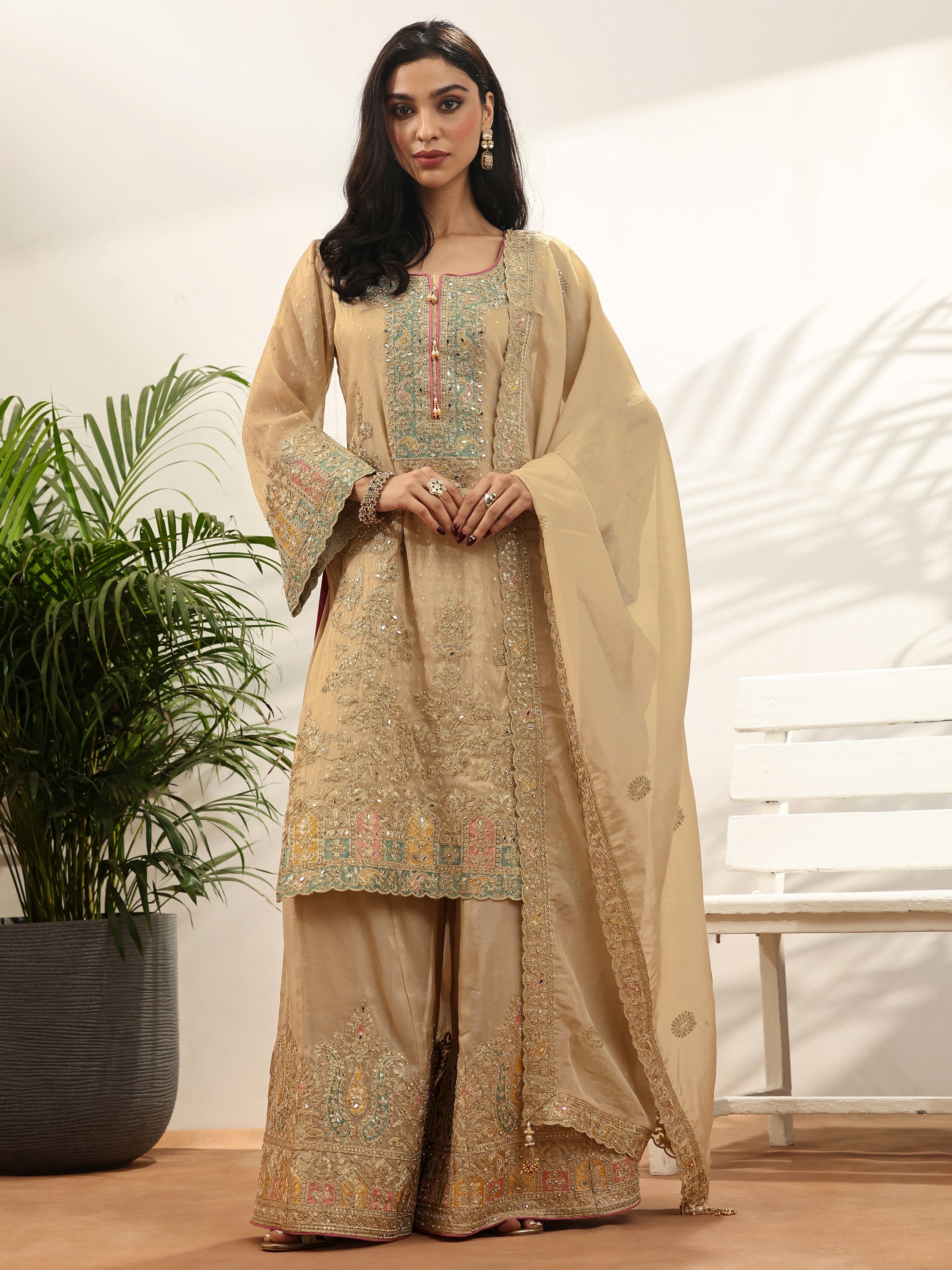 Libas Art Gold Embroidered Silk blend Suit Set With Dupatta-picture-62
