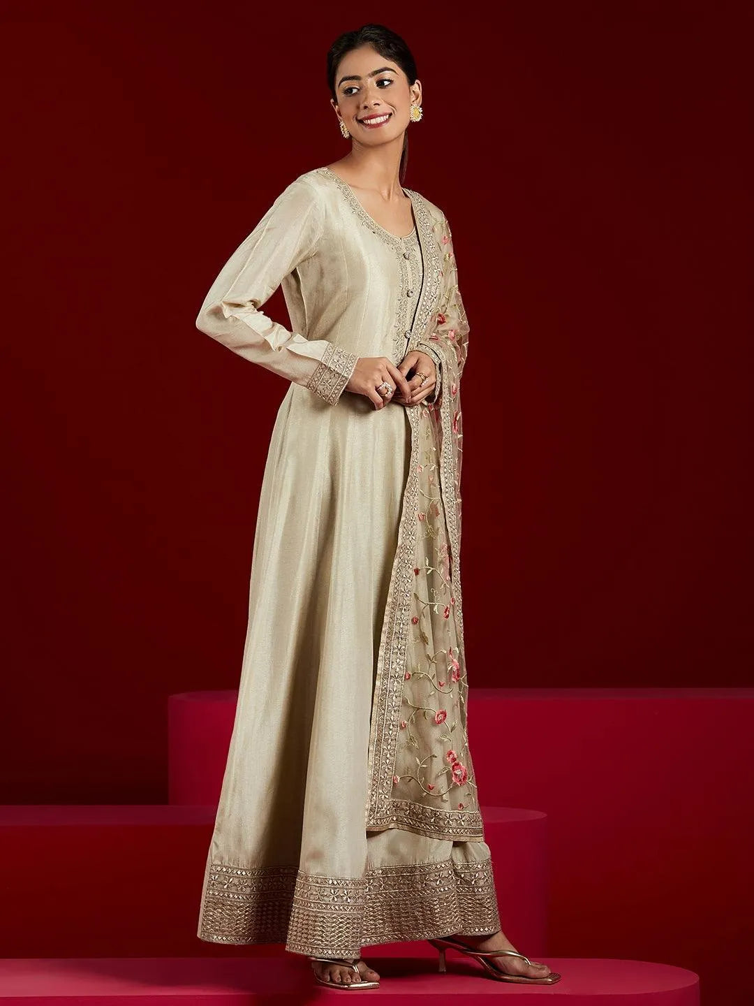 Libas Art Gold Yoke Design Silk Anarkali Kurta With Trousers & Dupatta - Libas 
