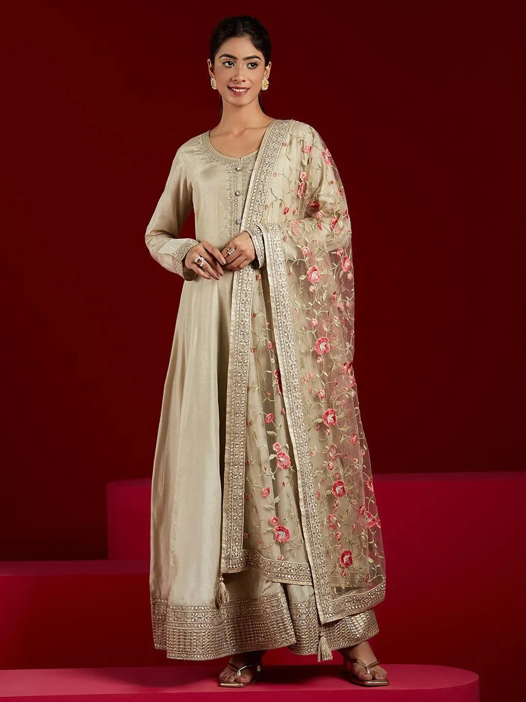 Libas Art Gold Yoke Design Silk Anarkali Kurta With Trousers & Dupatta - Libas 