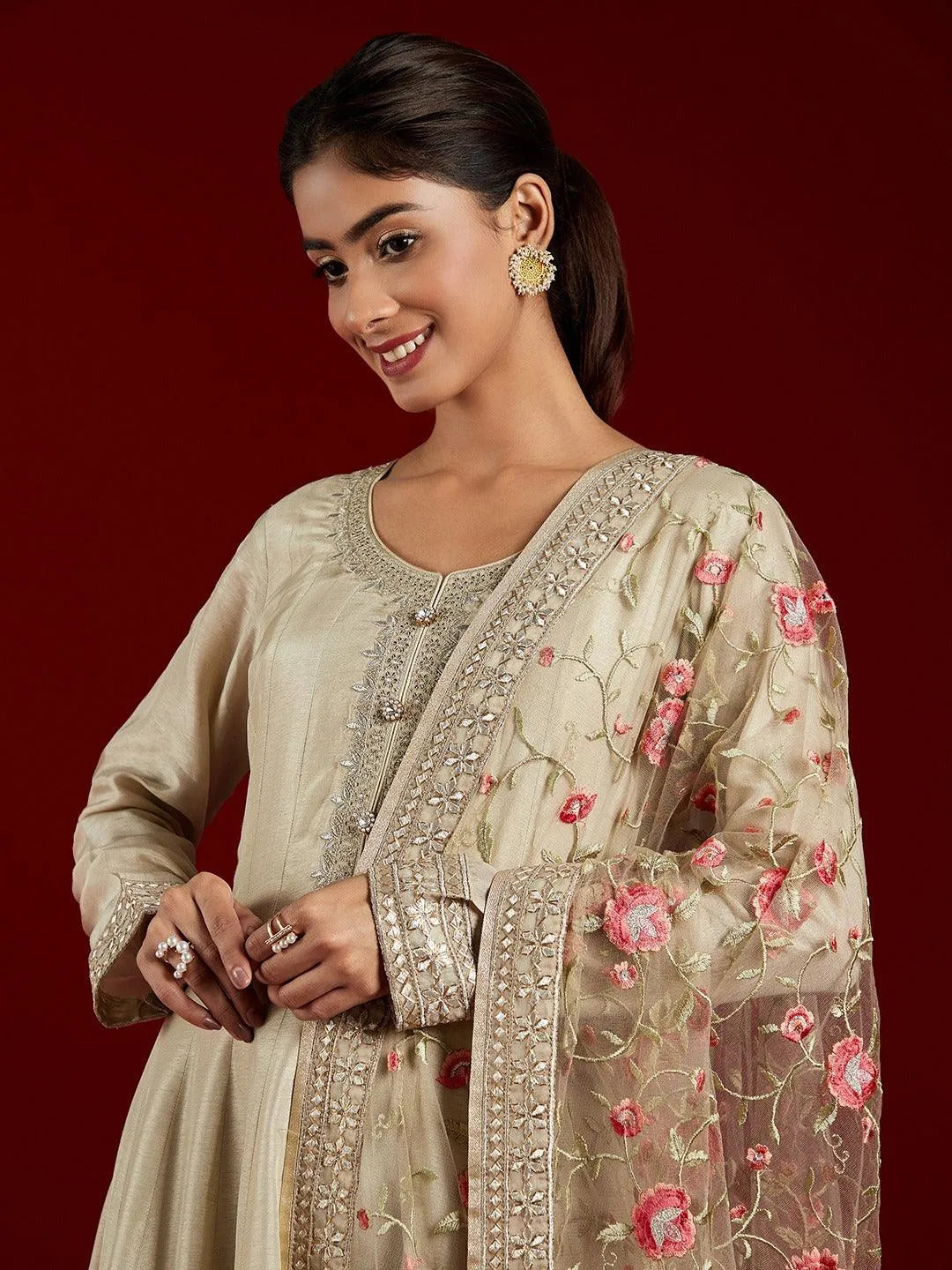 Libas Art Gold Yoke Design Silk Anarkali Kurta With Trousers & Dupatta - Libas 