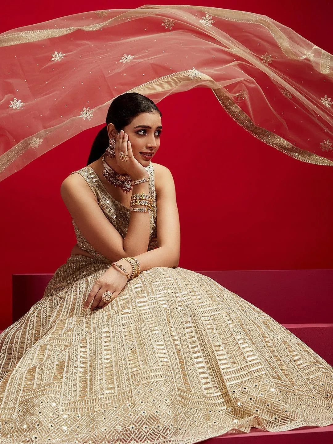 Libas Art Golden Embellished Net Lehenga Set - Libas 