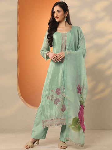 Libas Art Green Embellished Crepe Straight Suit Set With Dupatta