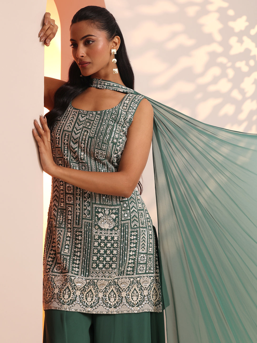 Libas Art Green Embellished Georgette Straight Suit Set With Dupatta