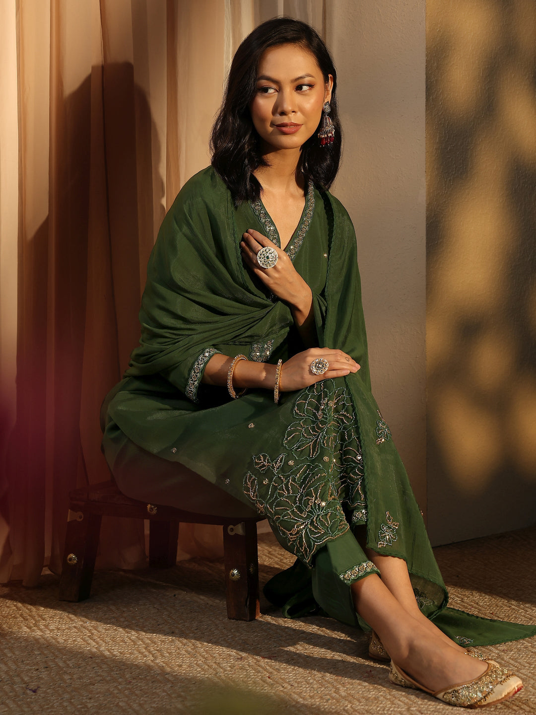 Libas Art Green Embellished Silk Blend Straight Suit Set With Dupatta