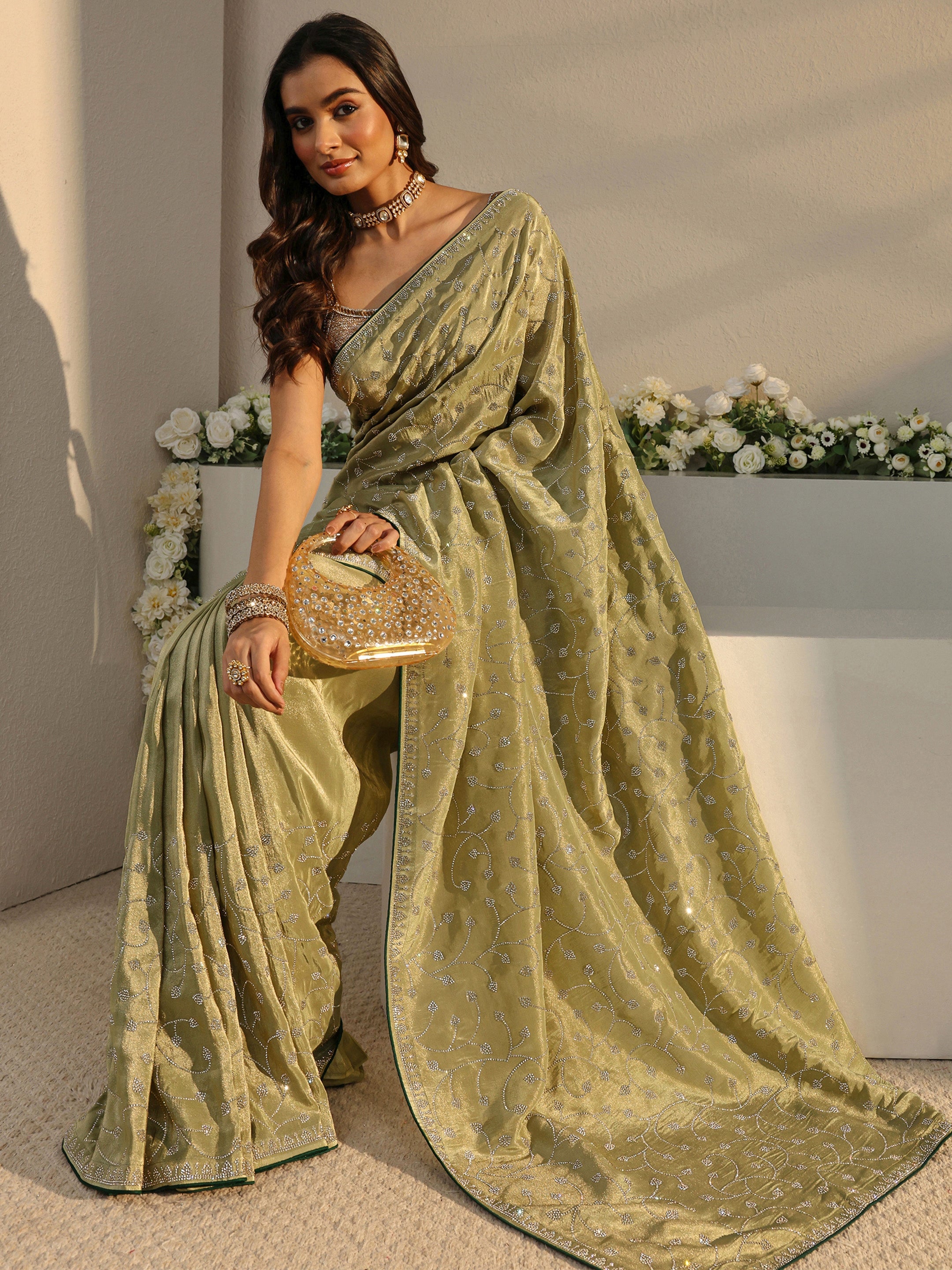 Libas Art Green Embellished Tissue Saree With Unstitched Blouse Piece-picture-42