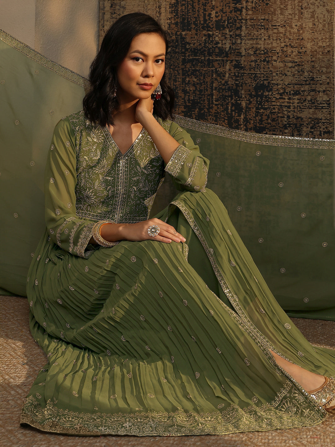Libas Art Green Embroidered Chinon A-Line Suit Set With Dupatta