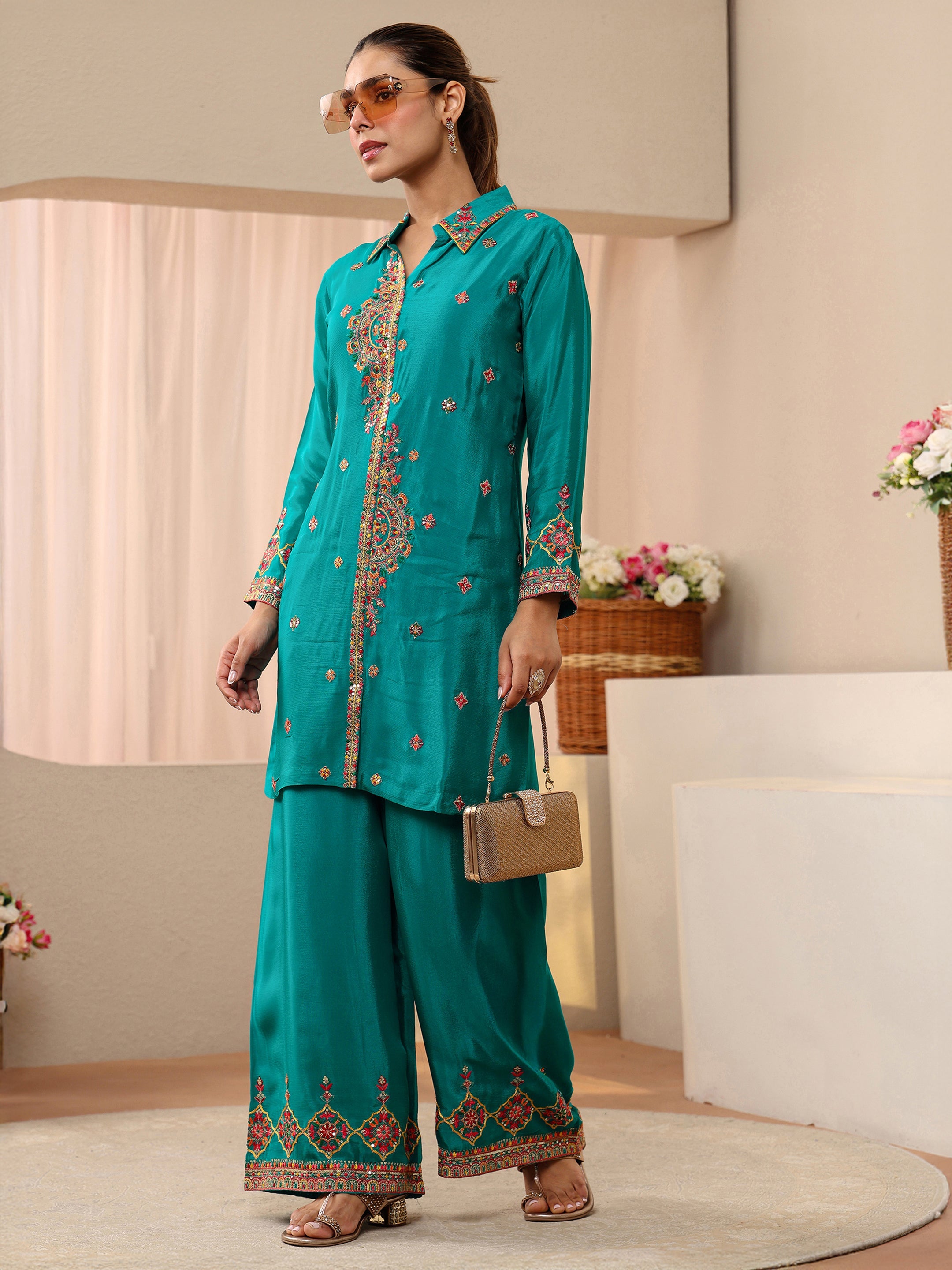 Libas Art Green Embroidered Chinon Co-Ord Set-picture-18