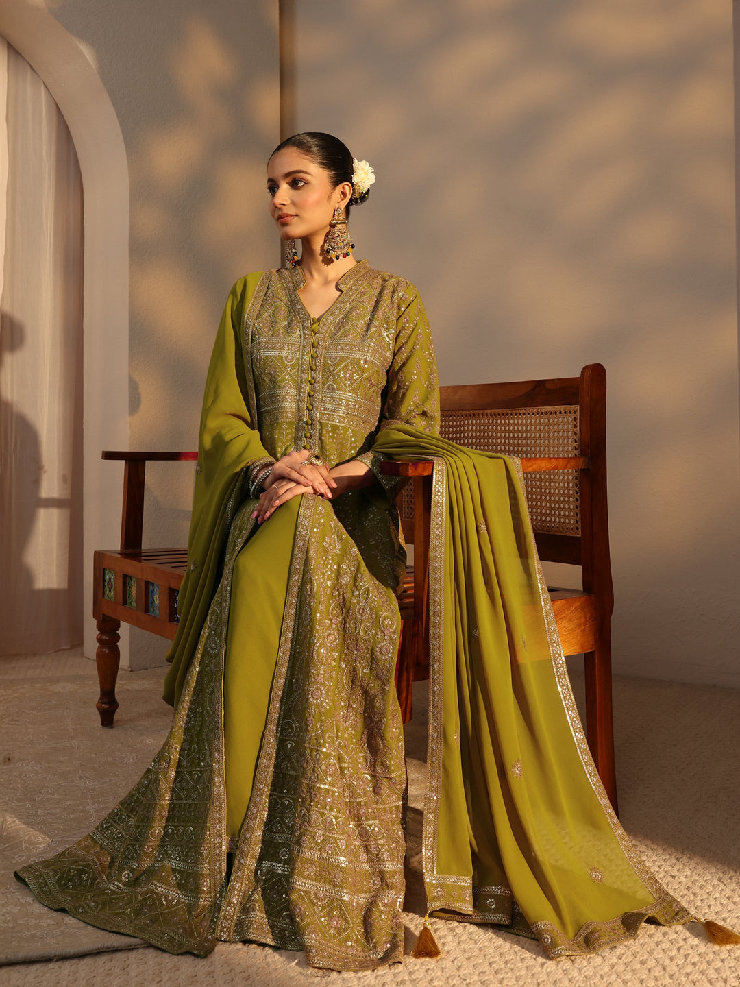 Libas Art Green Embroidered Georgette A-Line Suits Set With Dupatta