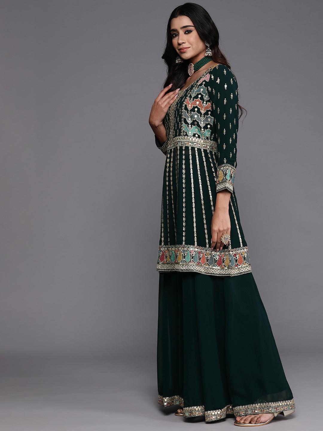 Libas Art Green Embroidered Georgette Anarkali Suit With Dupatta