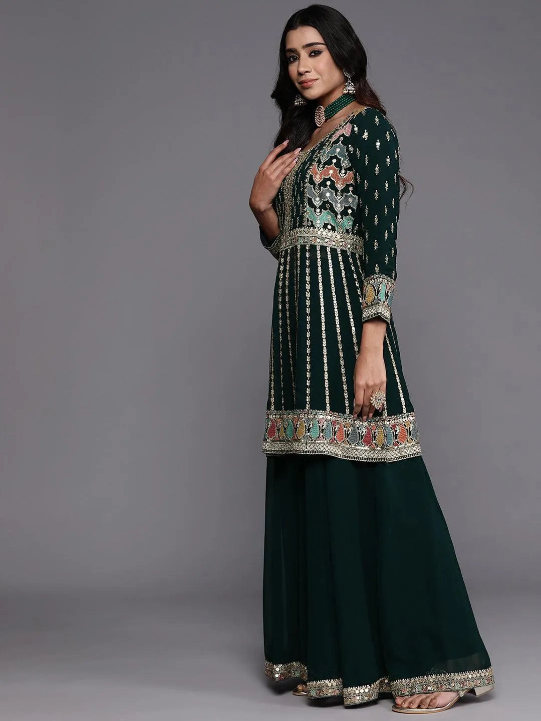Libas Art Green Embroidered Georgette Anarkali Kurta With Palazzos & Dupatta - Libas 