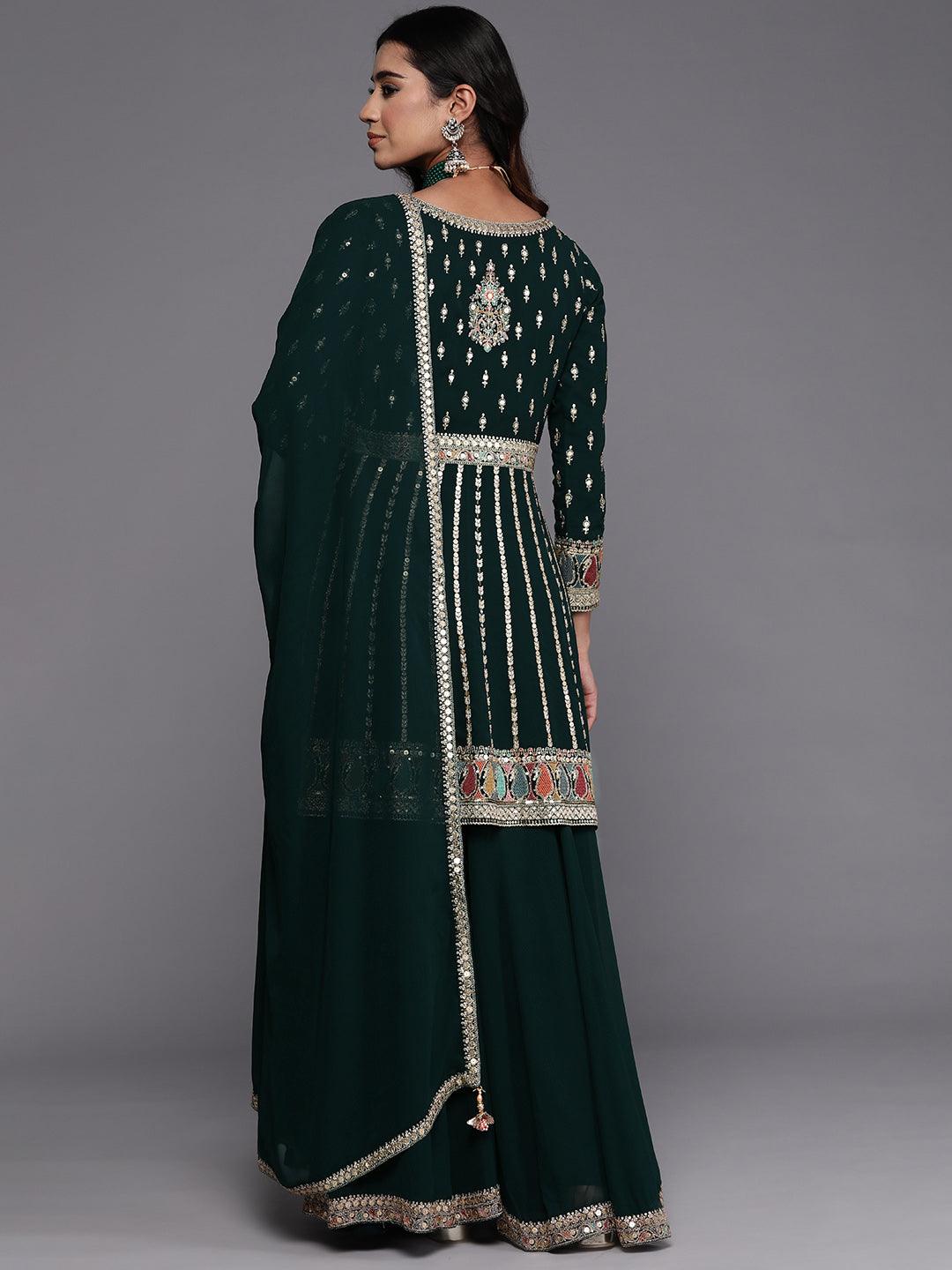 Libas Art Green Embroidered Georgette Anarkali Suit With Dupatta
