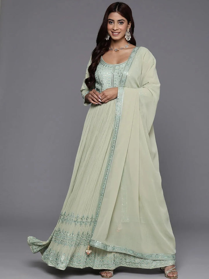 Libas Art Green Embroidered Georgette Anarkali Kurta With Trousers & Dupatta - Libas