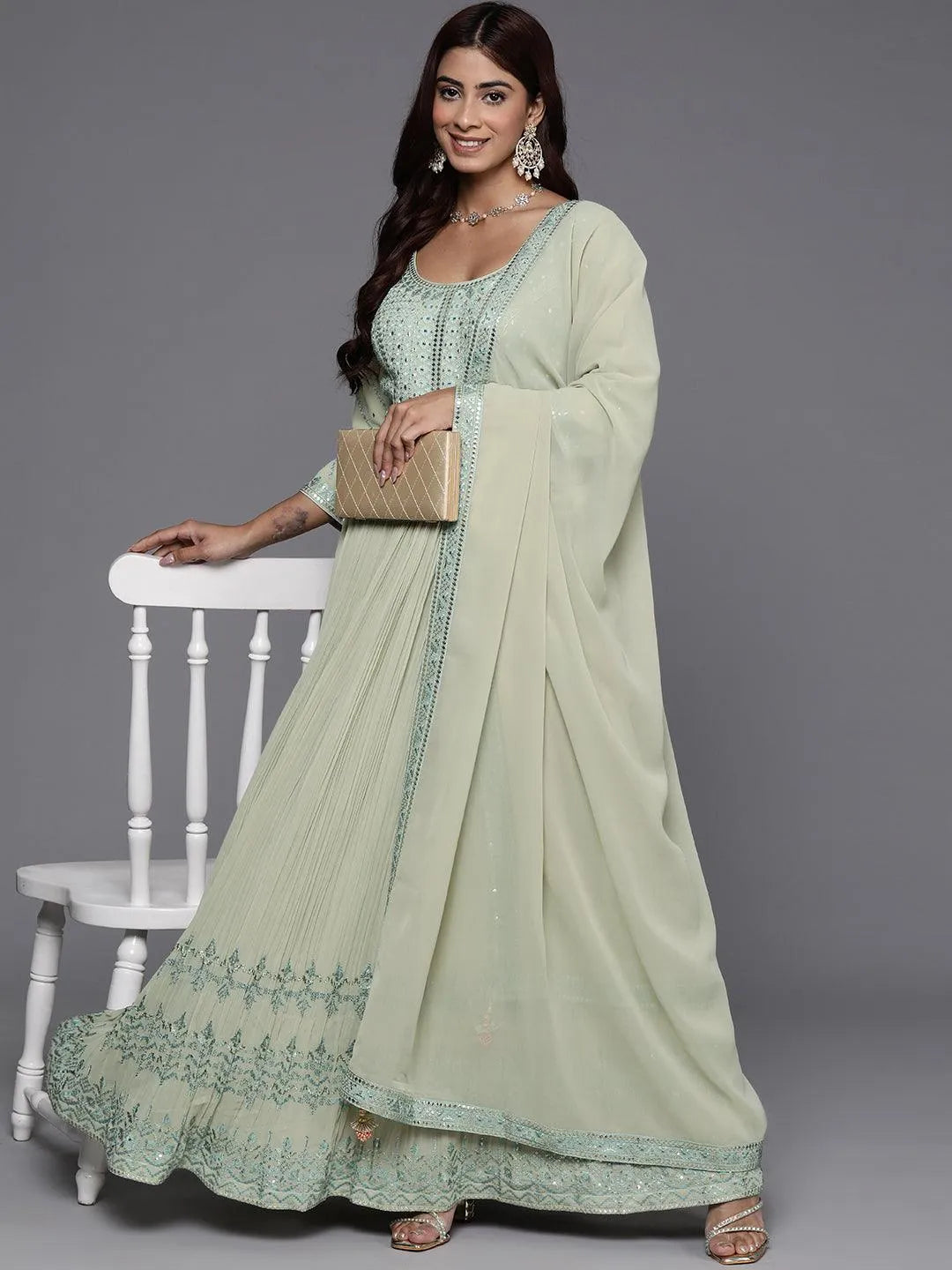 Libas Art Green Embroidered Georgette Anarkali Kurta With Trousers & Dupatta - Libas