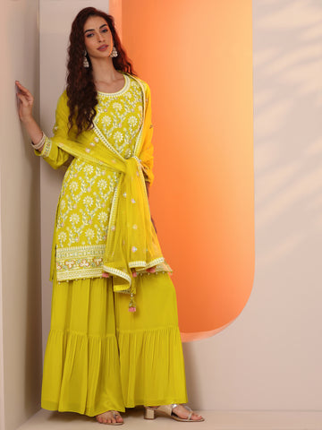 Green Embroidered Georgette Straight Suit Set With Dupatta
