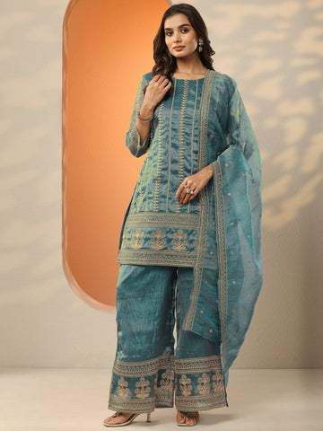 Libas Art Green Embroidered Organza Straight Suit Set With Dupatta