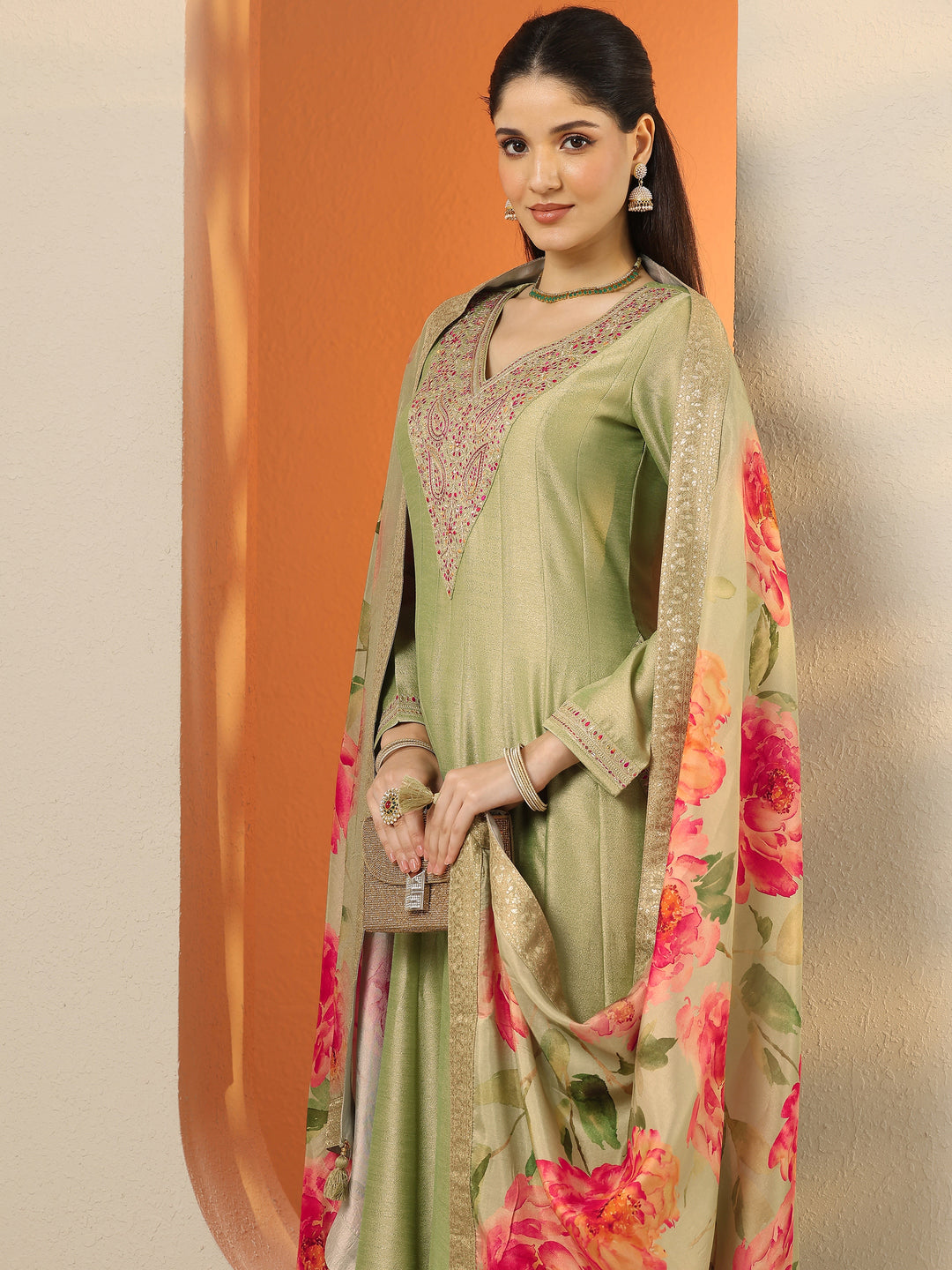 Libas Art Green Embroidered Silk Blend Anarkali Suit Set With Dupatta