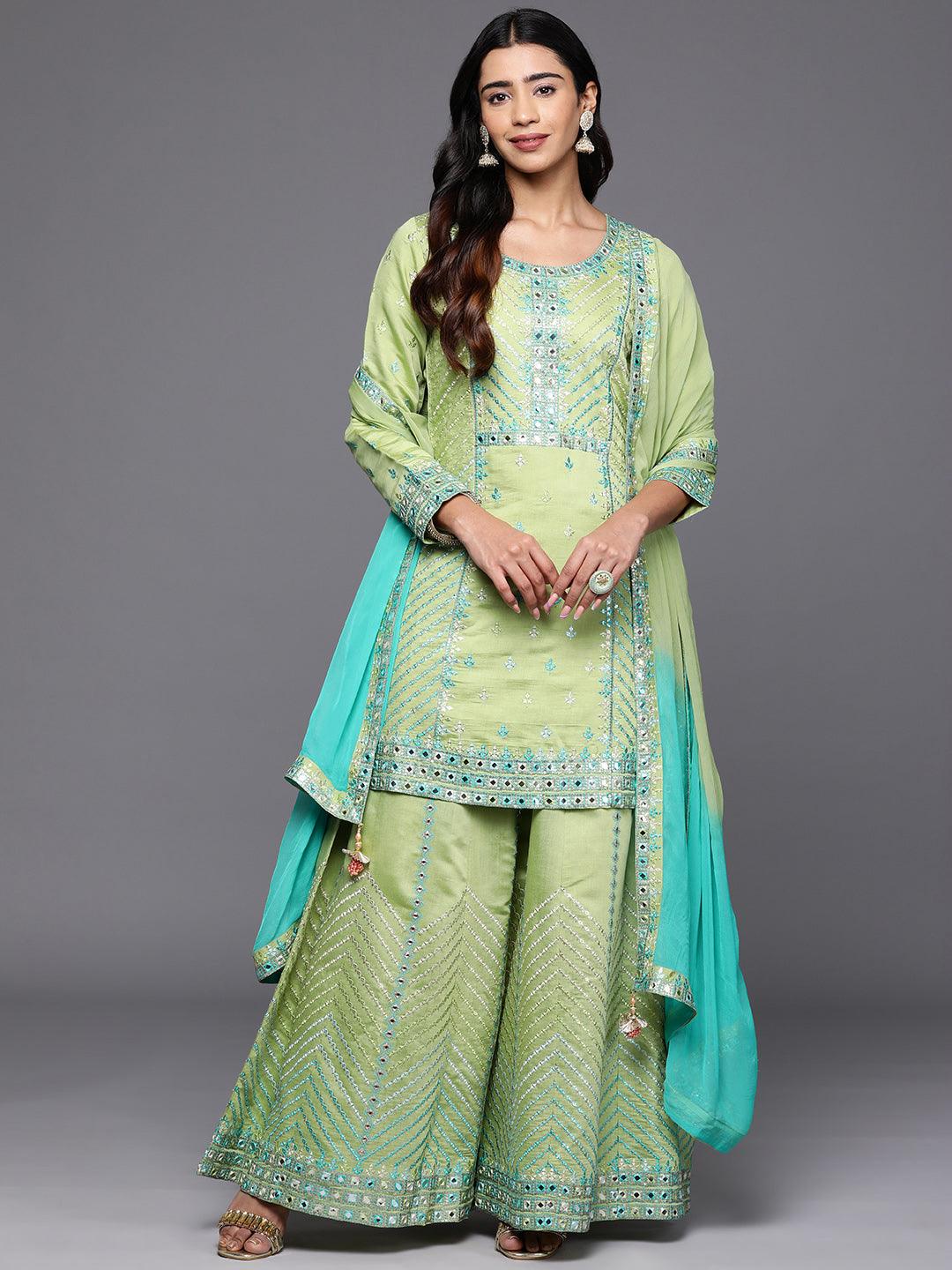 Libas Art Green Embroidered Silk Blend Straight Suit With Dupatta