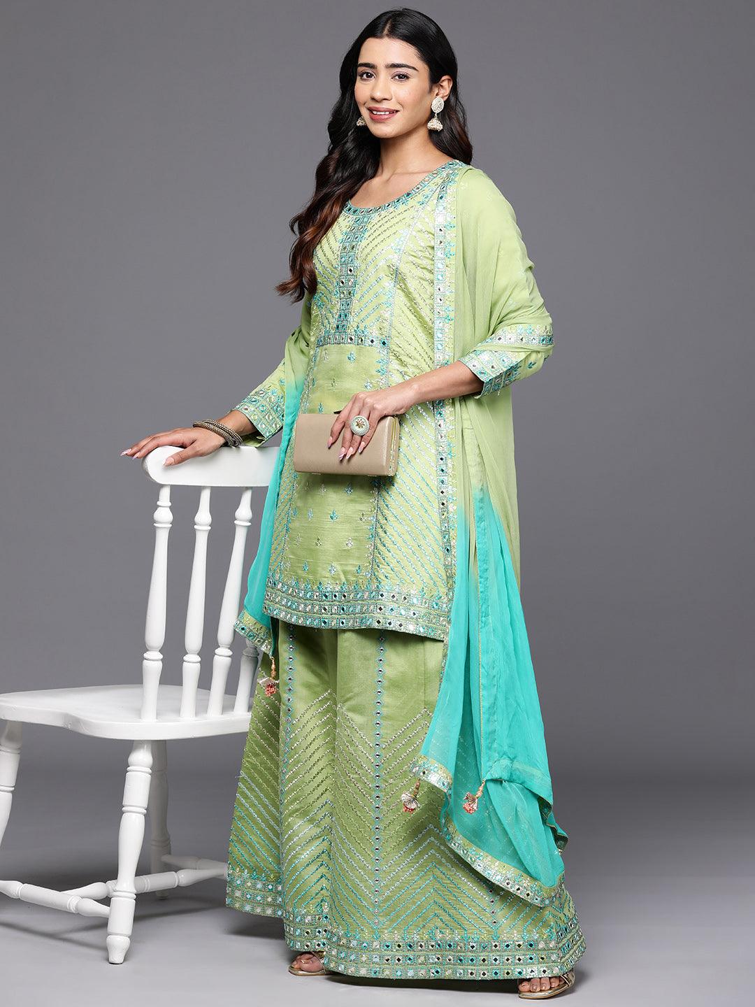 Libas Art Green Embroidered Silk Blend Straight Suit With Dupatta