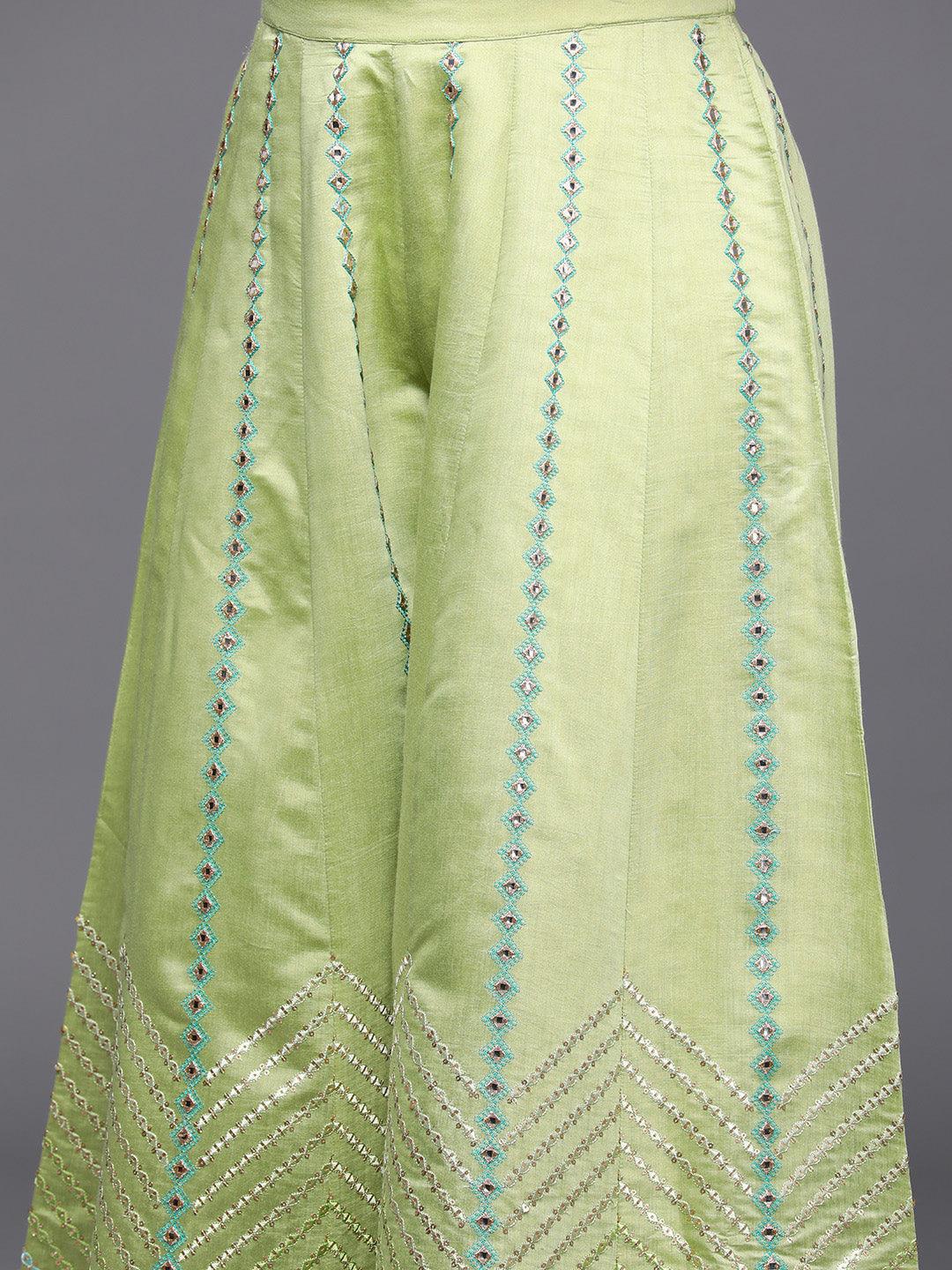 Libas Art Green Embroidered Silk Blend Straight Kurta With Palazzos & Dupatta - Libas