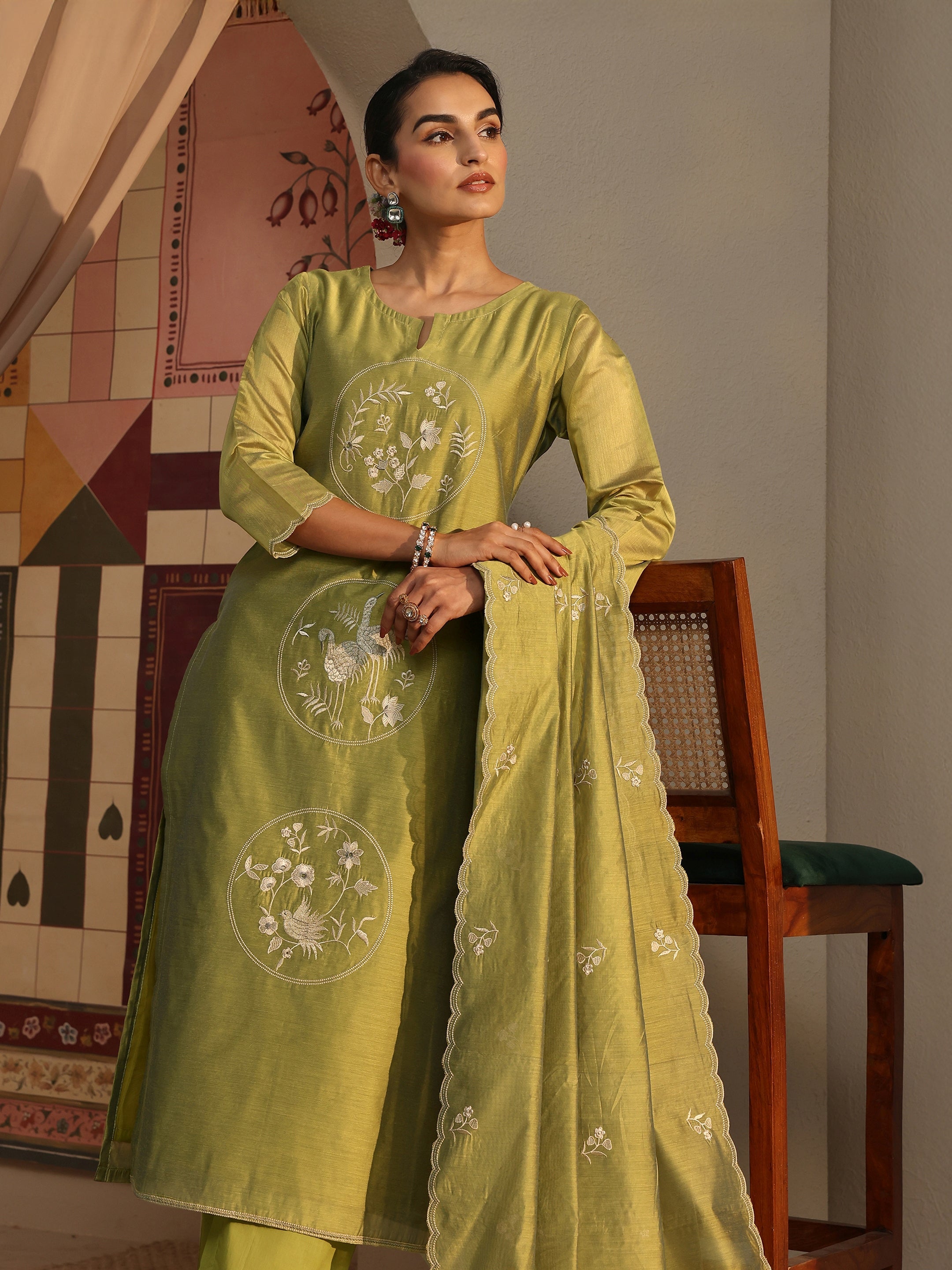 Libas Art Green Embroidered Silk Blend Straight Suit Set With Dupatta-picture-39