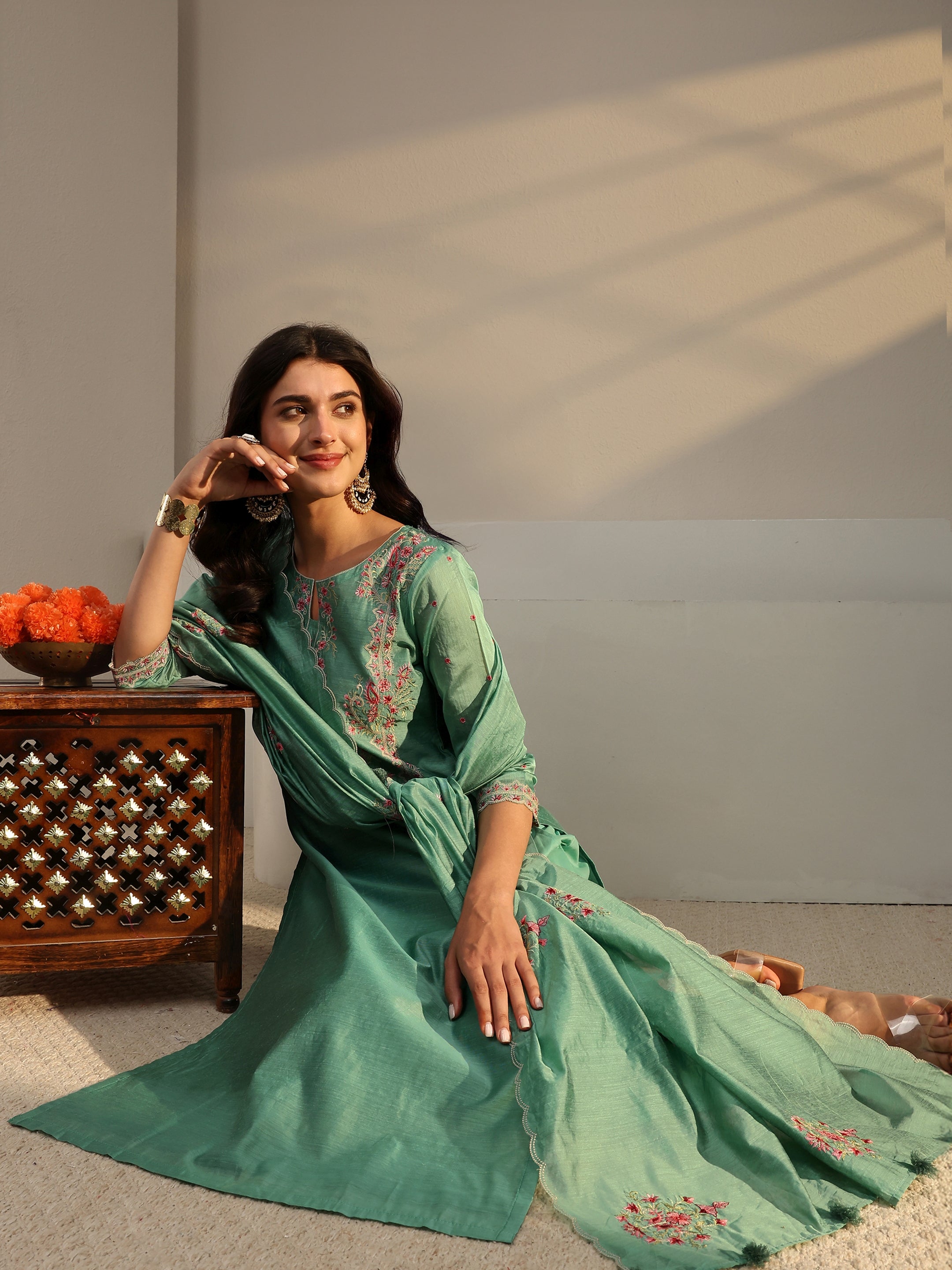 Libas Art Green Embroidered Silk Blend Straight Suit Set With Dupatta-picture-46