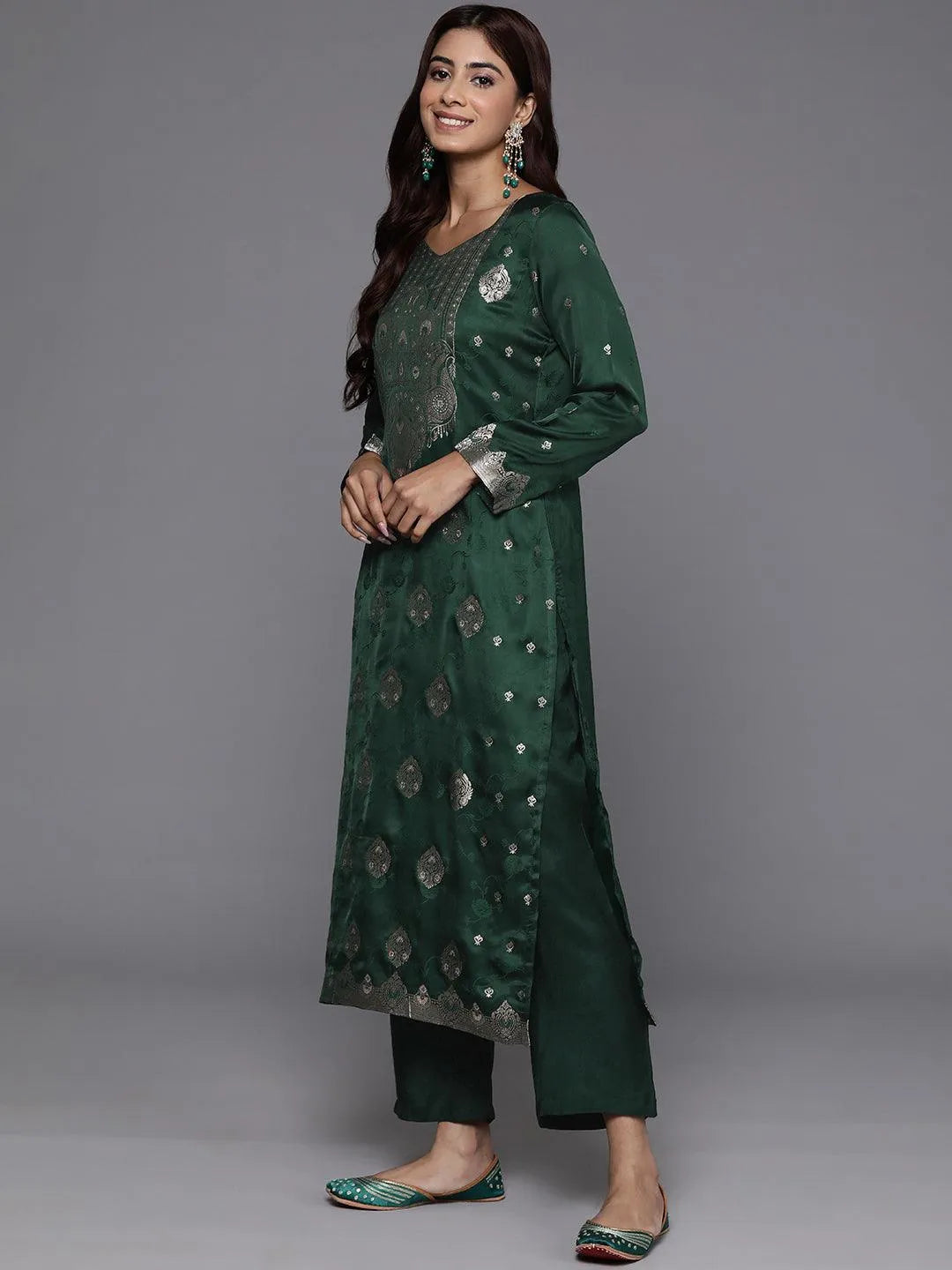 Buy Libas Art Green Embroidered Silk Straight Suit With Dupatta Online ...