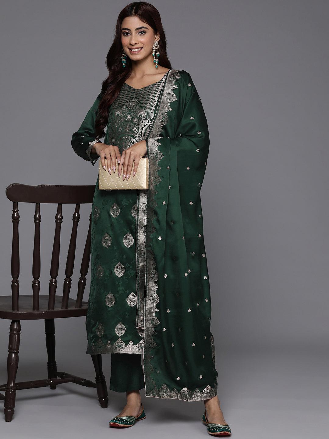 Libas Art Green Embroidered Silk Straight Suit With Dupatta