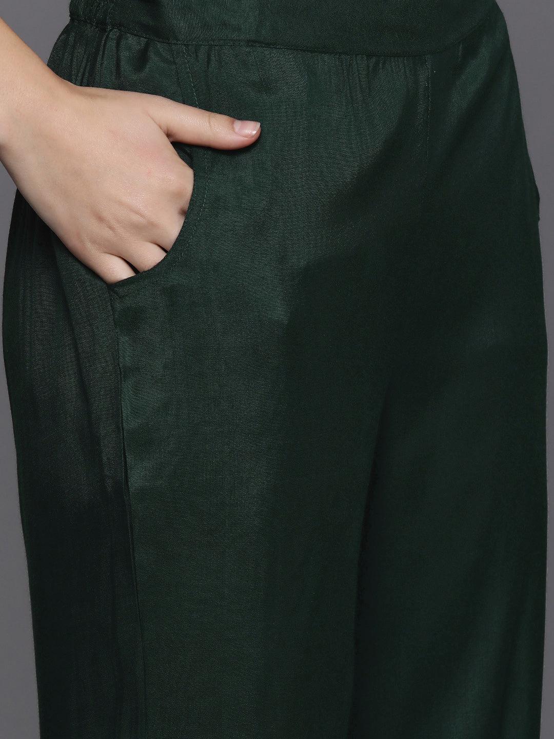 Libas Art Green Embroidered Silk Straight Kurta With Trousers & Dupatta - Libas