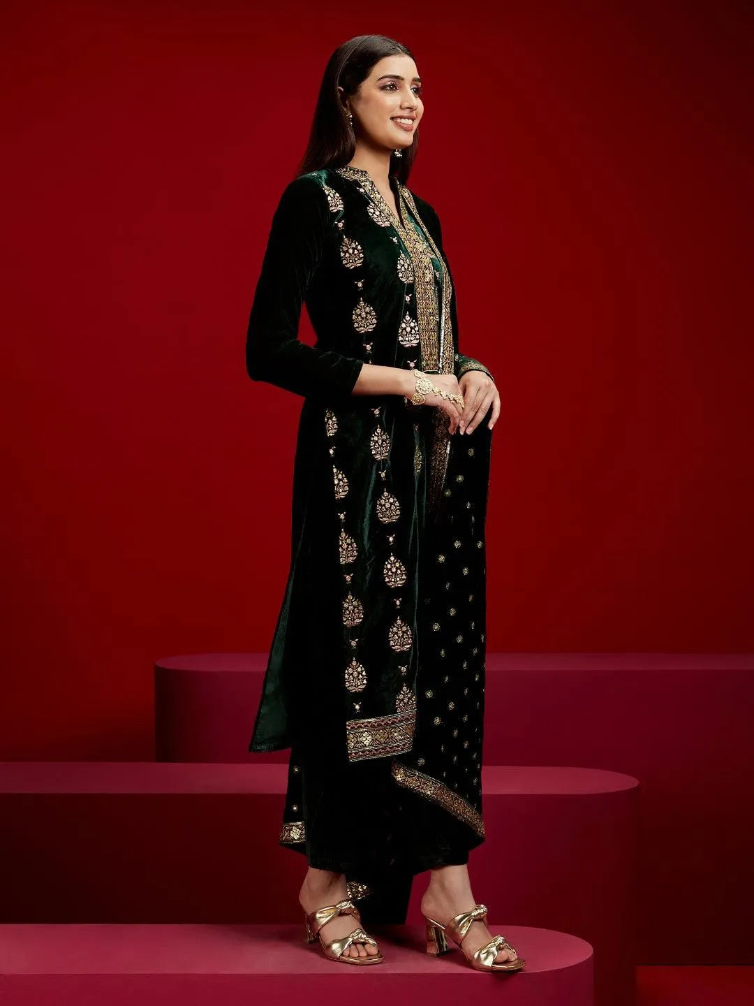 Libas Art Green Embroidered Velvet Straight Kurta With Trousers & Dupatta - Libas 