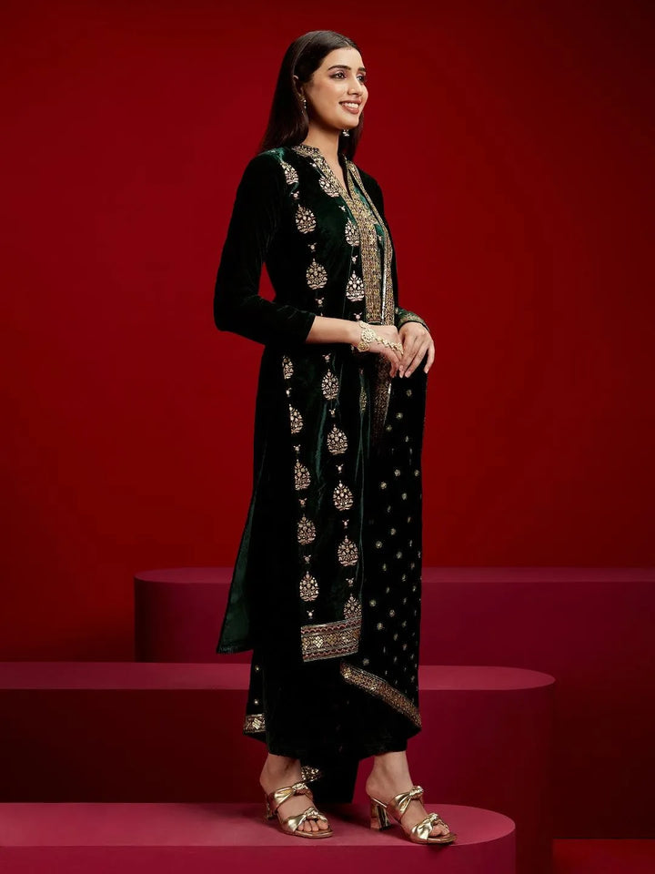 Libas Art Green Embroidered Velvet Straight Kurta With Trousers & Dupatta - Libas