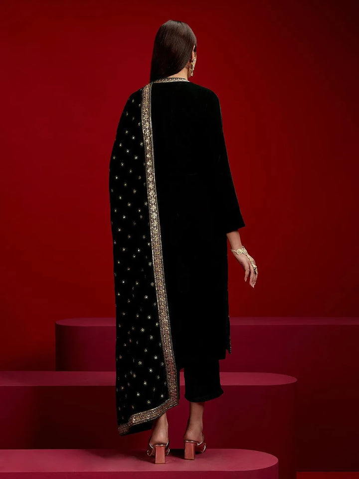 Libas Art Green Embroidered Velvet Straight Kurta With Trousers & Dupatta - Libas