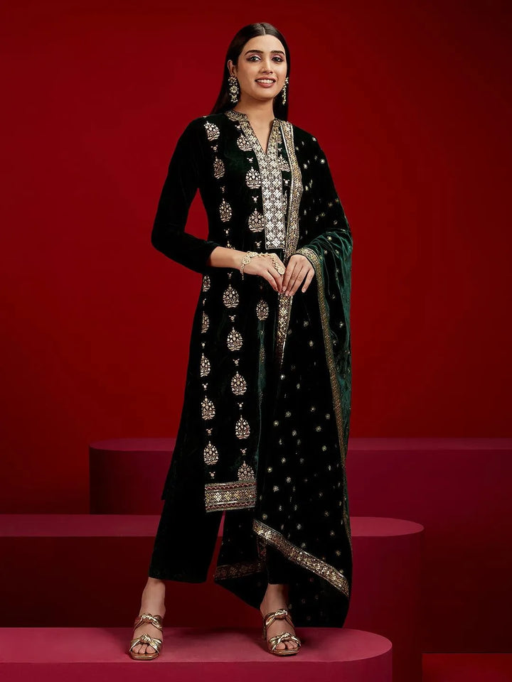 Libas Art Green Embroidered Velvet Straight Kurta With Trousers & Dupatta - Libas
